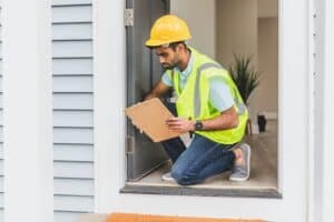 person in reflective vest inspecting a doorframe